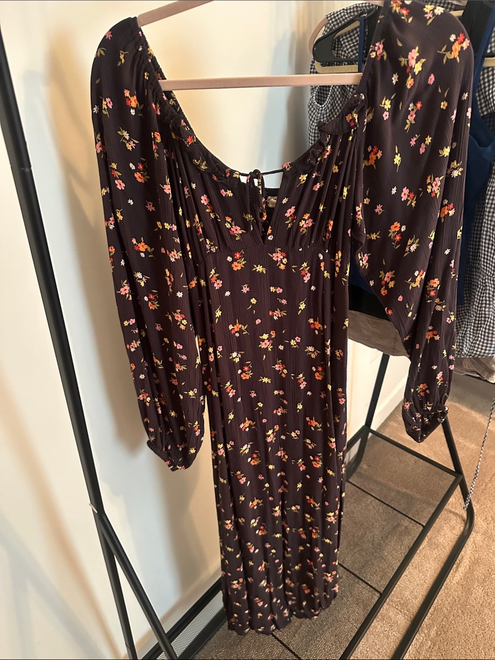 Billabong Black Floral Long Sleeve Midi Dress